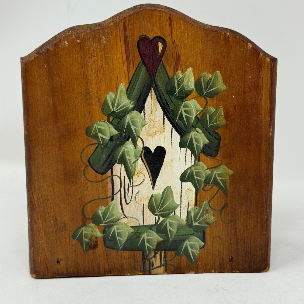 Vtg Hand Painted Wooden Napkin Holder Birdhouse Ivy Heart Country Decor Folk Art